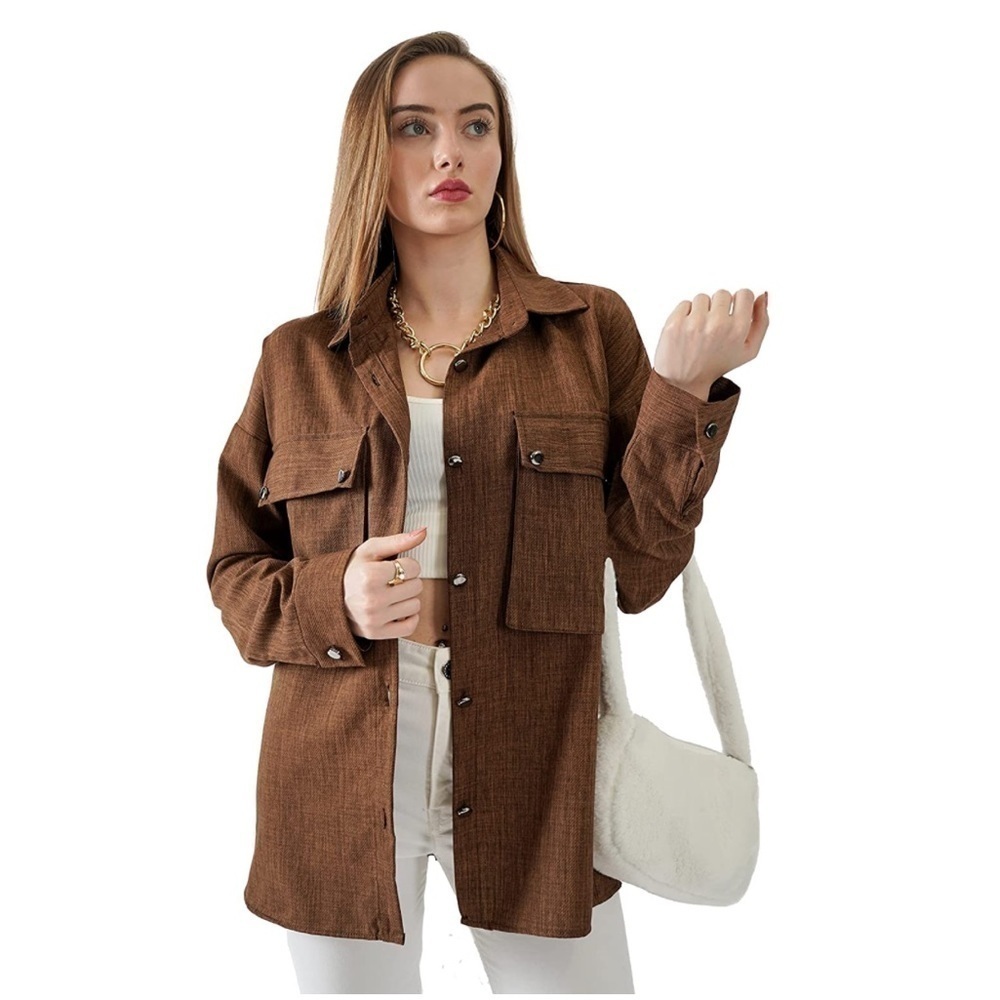 Brand New Brown Button Down Shirt Blouse Casual Long Sleeve Loose Fit Shacket